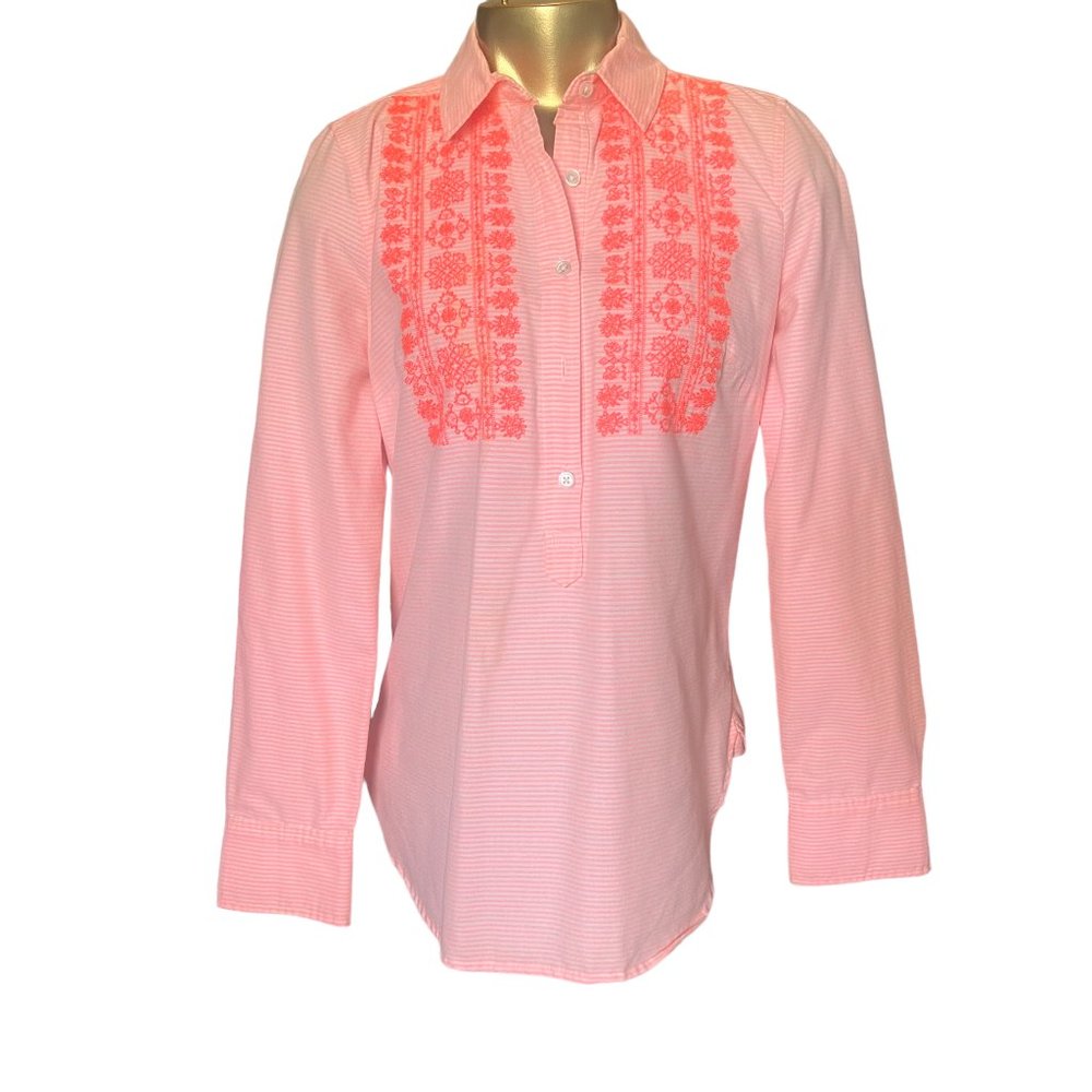 J.Crew Neon Pink Striped Embroidered Collared Shirt, Size 4